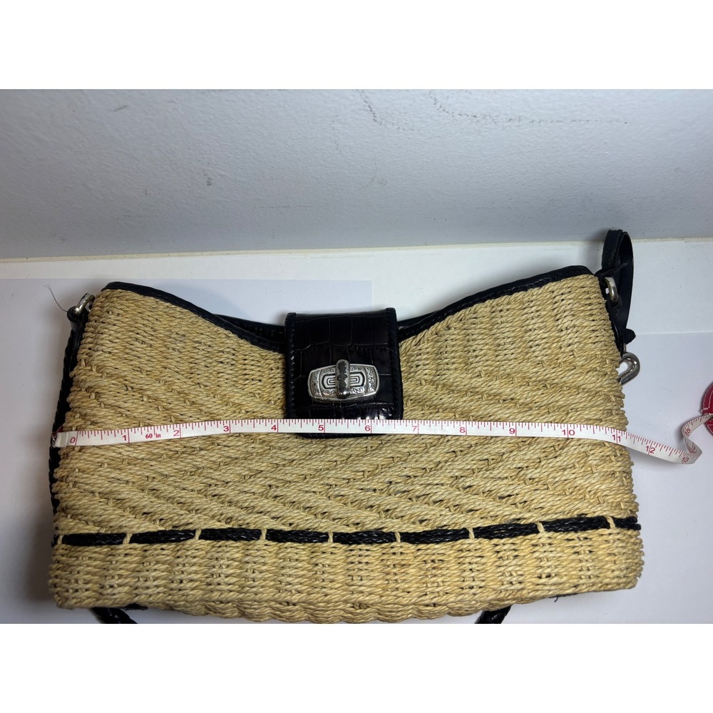 Brighton Woven Straw Shoulder Bag Black Croc Leather Trim Heart Charms Floral - Picture 15 of 16